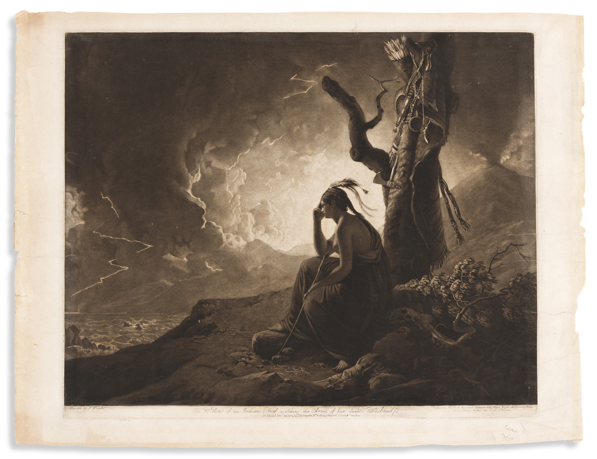 John Raphael Smith, engraver; after Joseph Wright. The Widow of an Indian Chief Watching the Arms of Her Deceasd Husband.